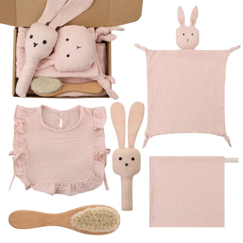 Newborn Teething Toy & Cotton Bib Wooden Set