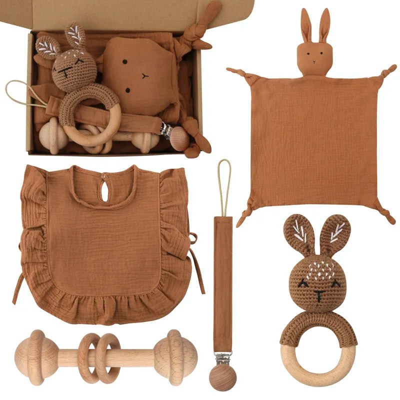 Newborn Teething Toy & Cotton Bib Wooden Set