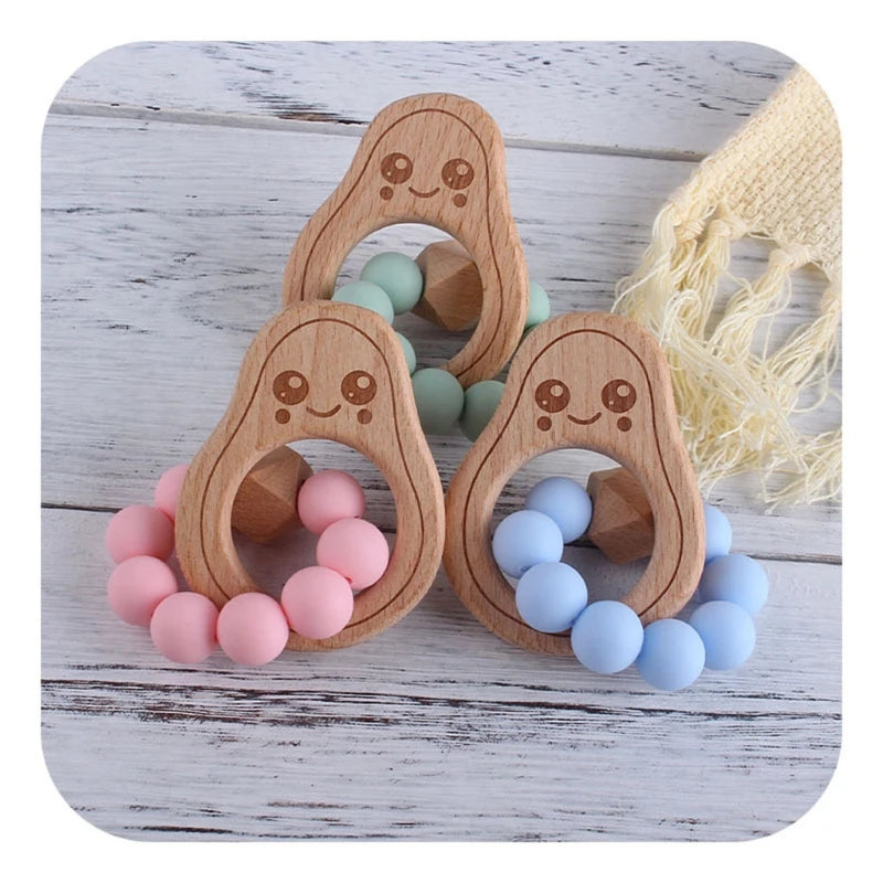 BPA Free Silicone Beads Baby Teether Baby Beech Wooden Avocado