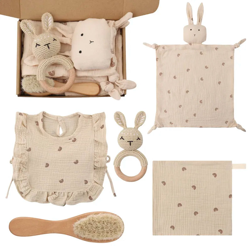 Newborn Teething Toy & Cotton Bib Wooden Set