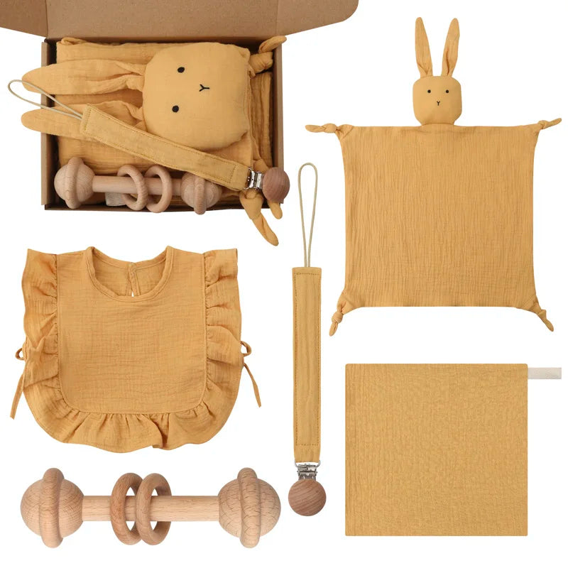 Newborn Teething Toy & Cotton Bib Wooden Set