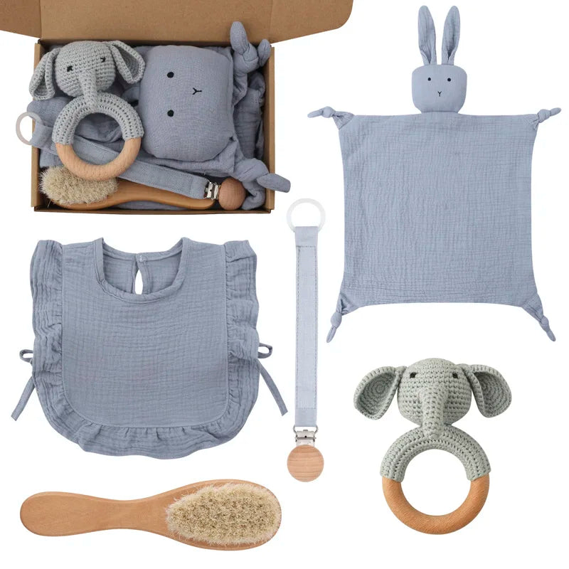 Newborn Teething Toy & Cotton Bib Wooden Set