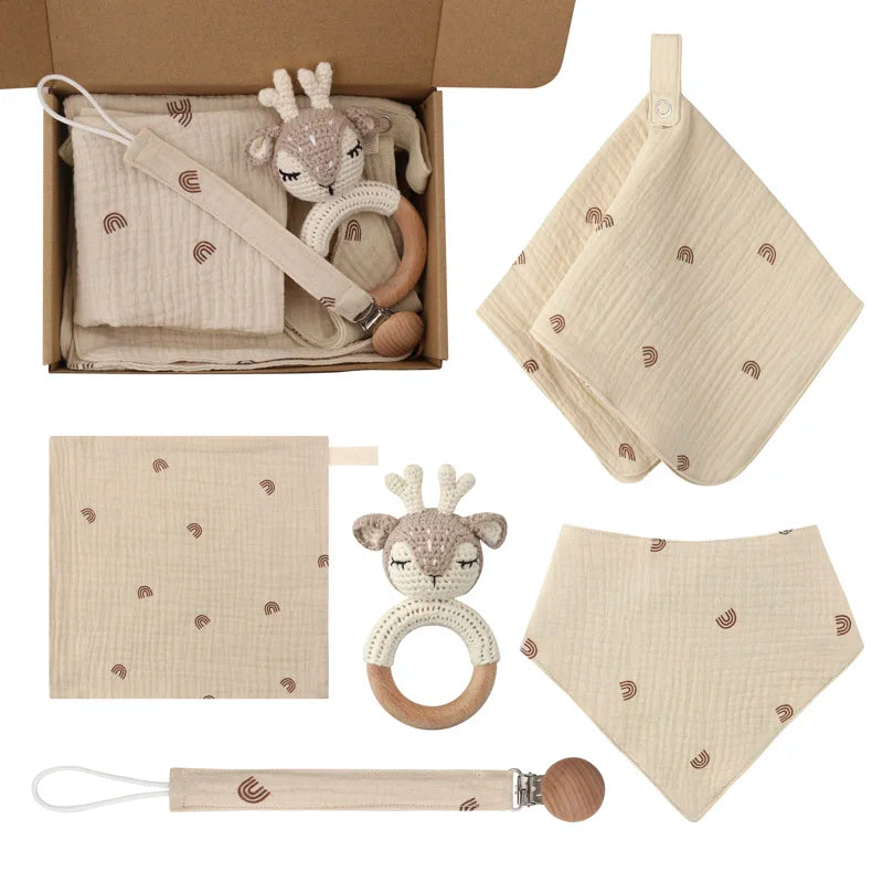 Newborn Teething Toy & Cotton Bib Wooden Set