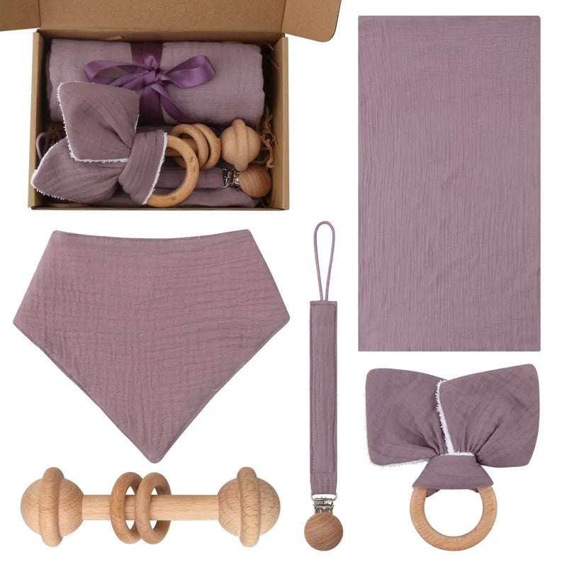 Newborn Teething Toy & Cotton Bib Wooden Set