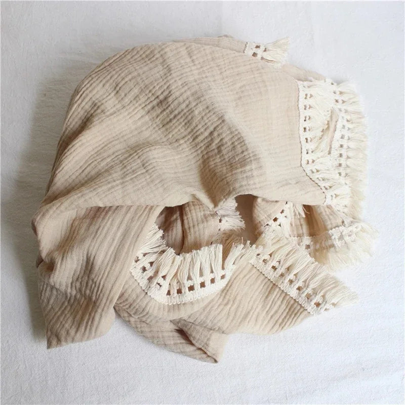 100% Muslin Cotton Tassel Receiving Blanket - Quilt - Baby Blanket