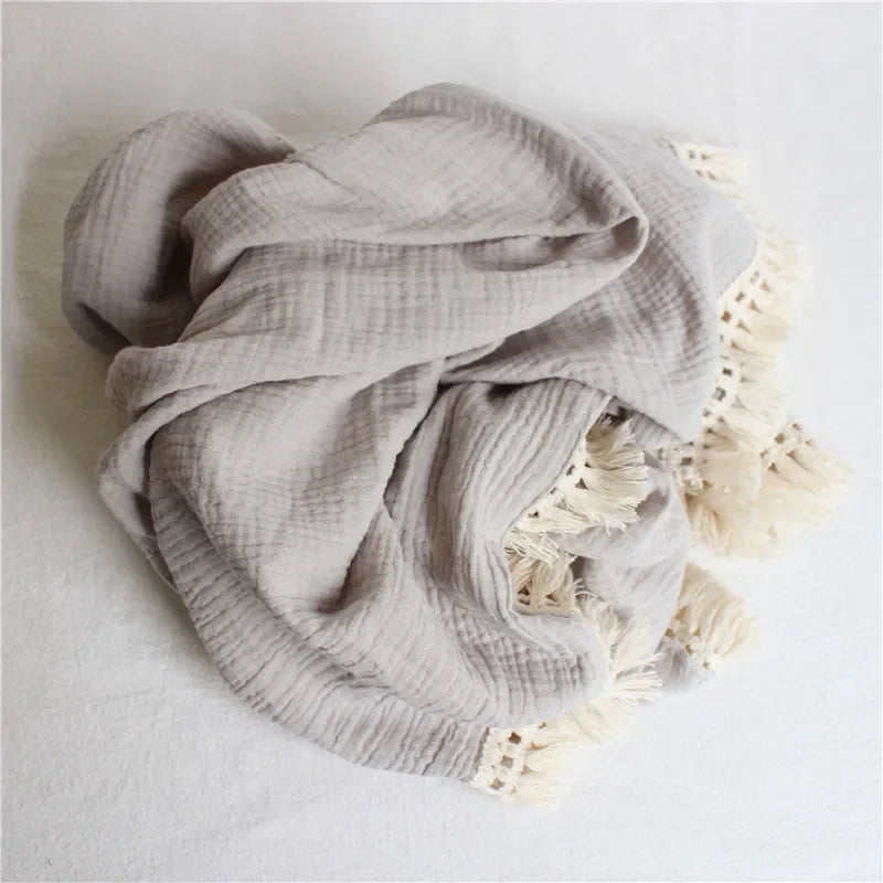 100% Muslin Cotton Tassel Receiving Blanket - Quilt - Baby Blanket