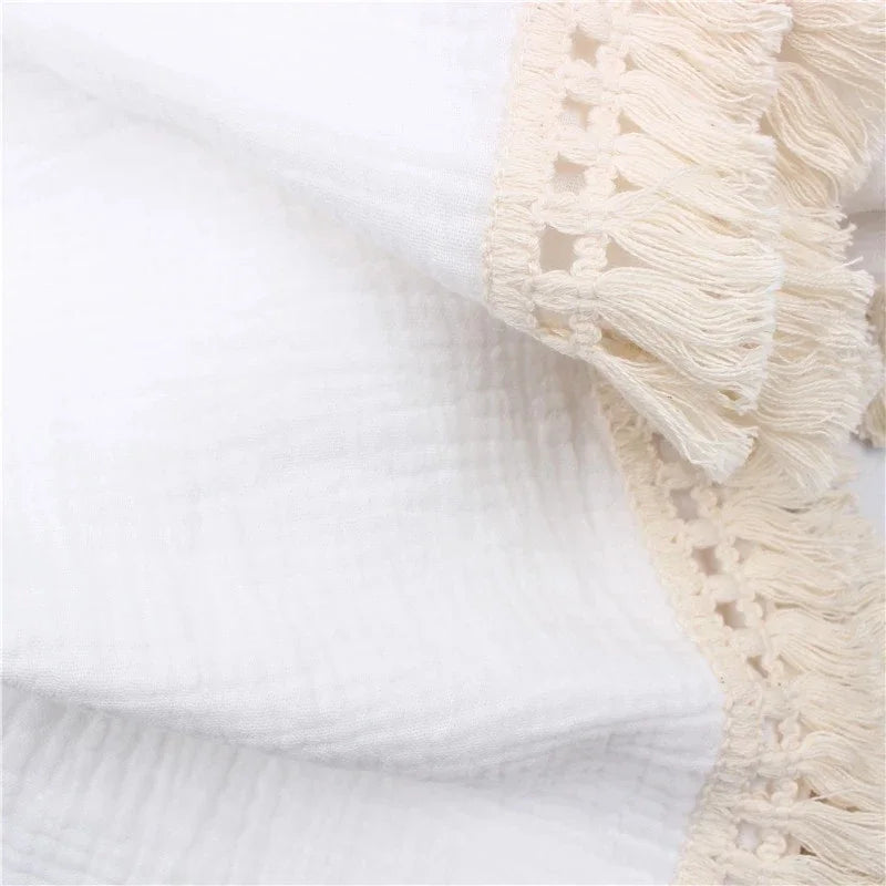 100% Muslin Cotton Tassel Receiving Blanket - Quilt - Baby Blanket