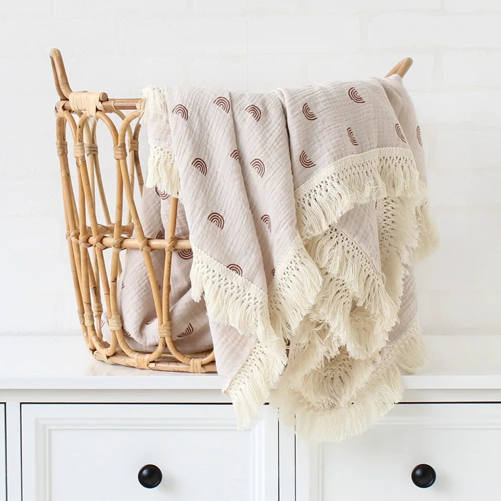 100% Muslin Cotton Tassel Receiving Blanket - Quilt - Baby Blanket