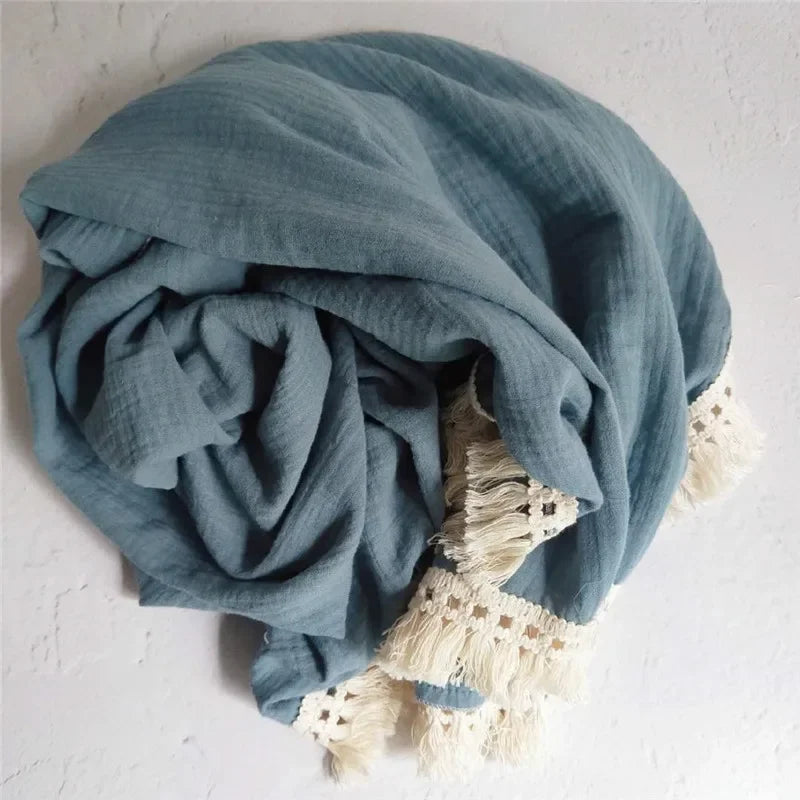 100% Muslin Cotton Tassel Receiving Blanket - Quilt - Baby Blanket