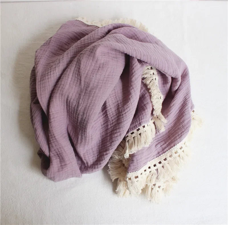 100% Muslin Cotton Tassel Receiving Blanket - Quilt - Baby Blanket