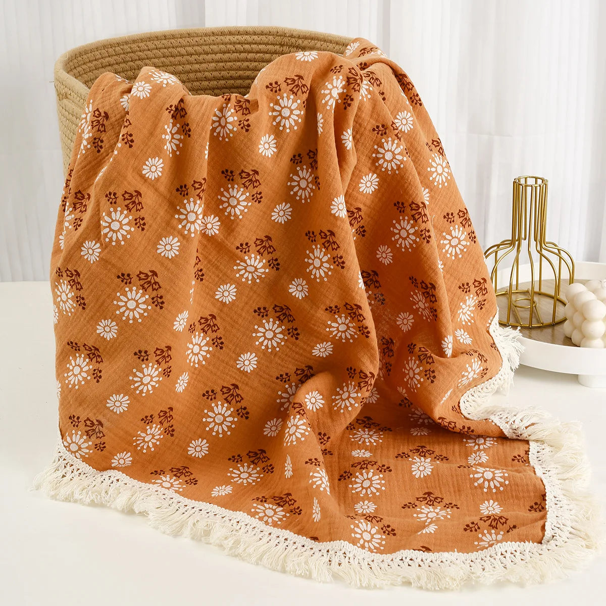 100% Muslin Cotton Tassel Receiving Blanket - Quilt - Baby Blanket