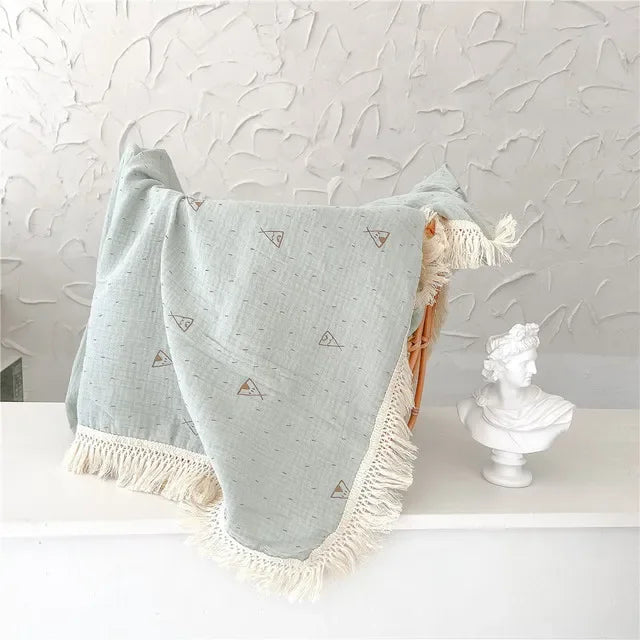 100% Muslin Cotton Tassel Receiving Blanket - Quilt - Baby Blanket