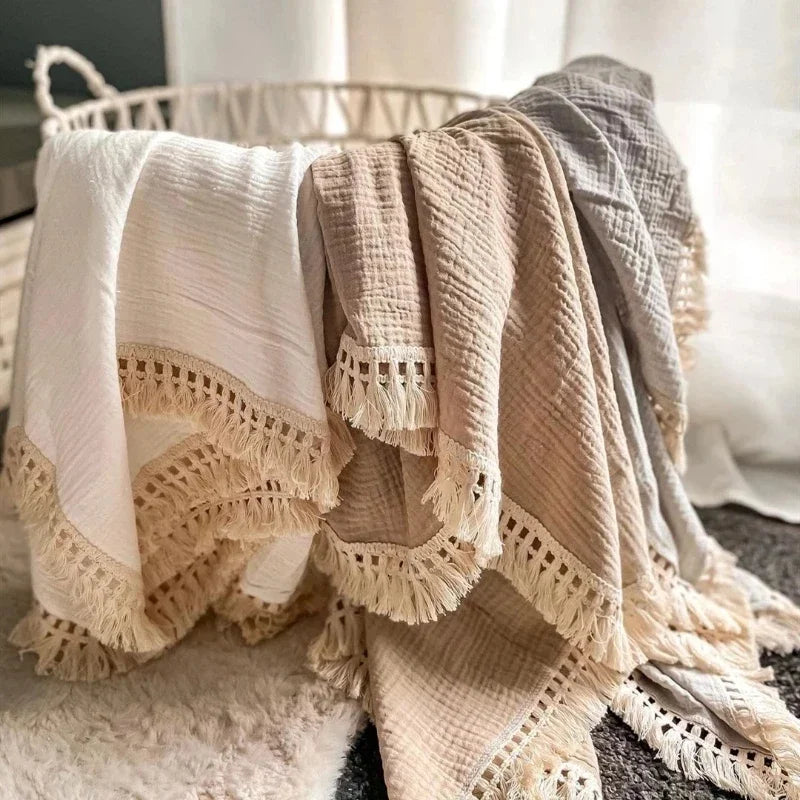 Muslin Cotton Tassel Receiving Blanket - Quilt - Baby Blanket