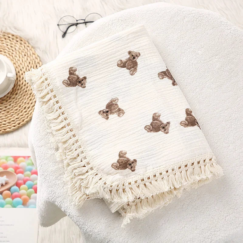 100% Muslin Cotton Tassel Receiving Blanket - Quilt - Baby Blanket