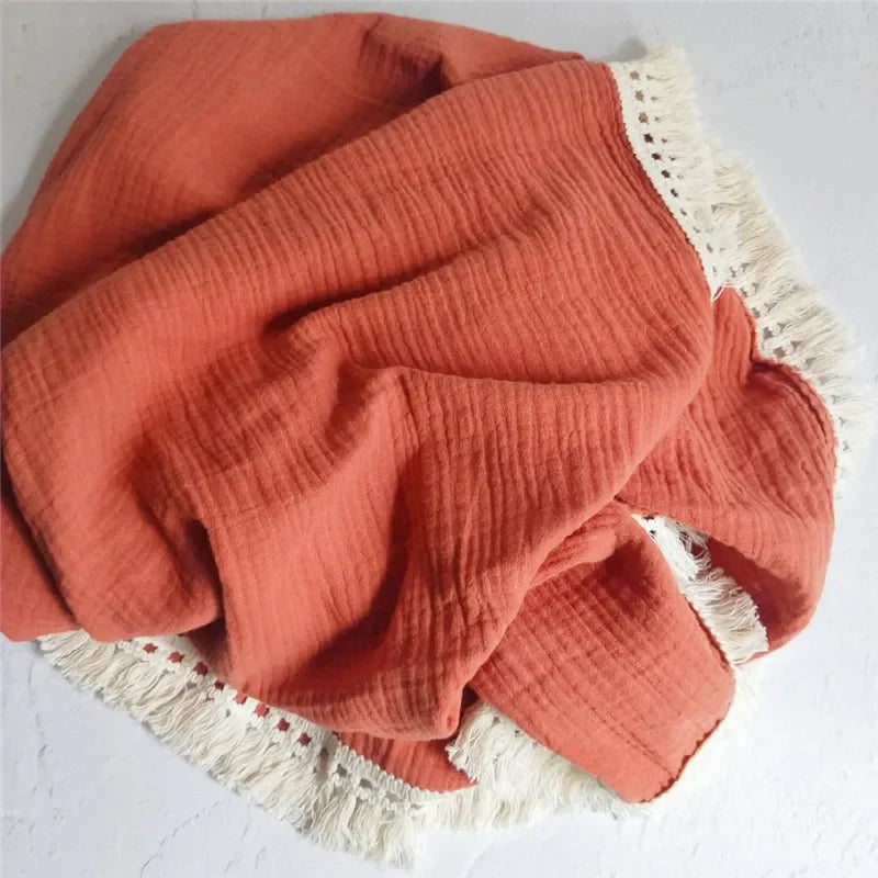 100% Muslin Cotton Tassel Receiving Blanket - Quilt - Baby Blanket