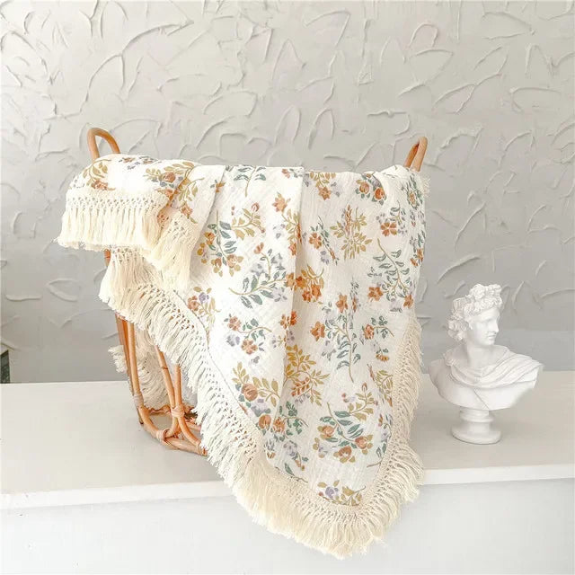 100% Muslin Cotton Tassel Receiving Blanket - Quilt - Baby Blanket