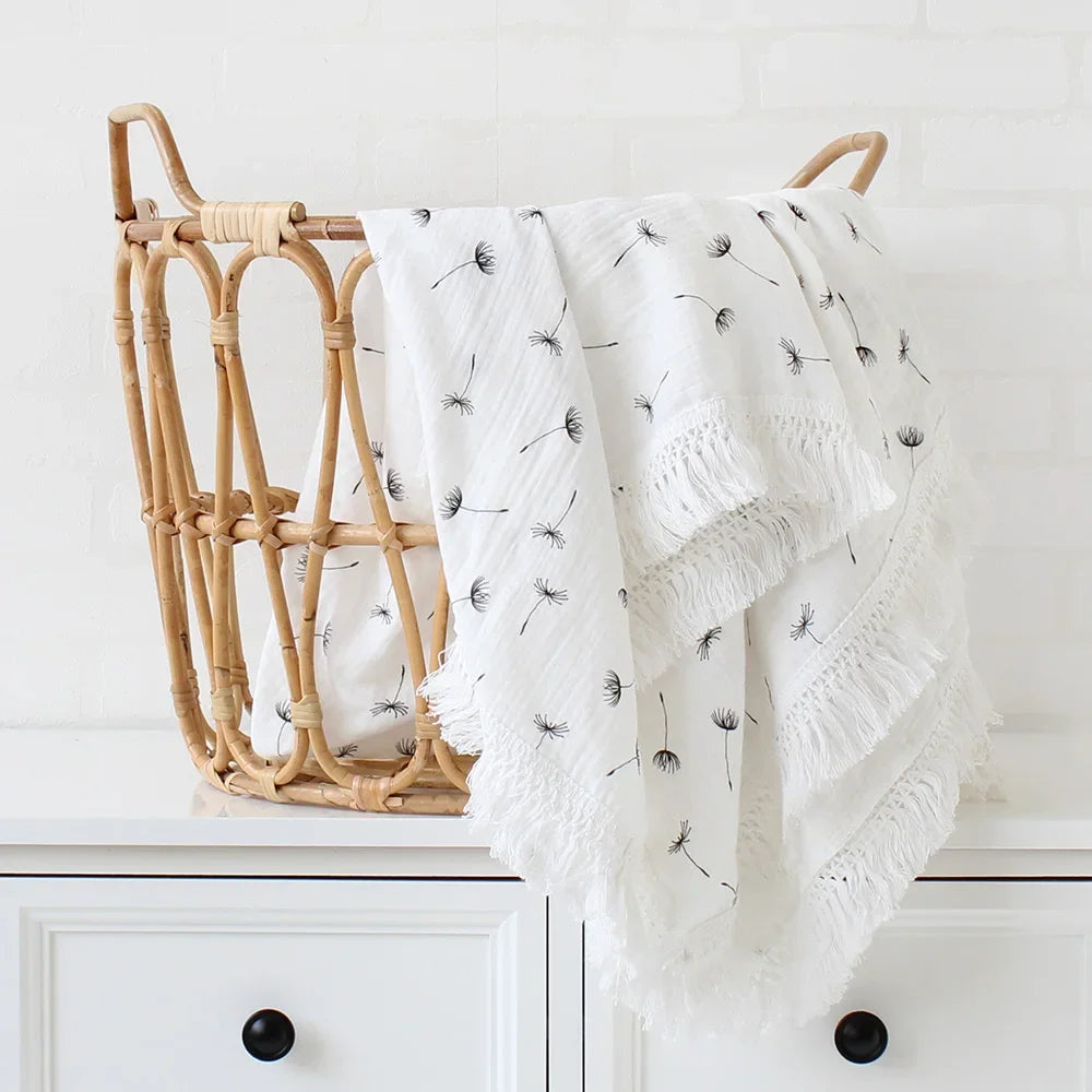 100% Muslin Cotton Tassel Receiving Blanket - Quilt - Baby Blanket