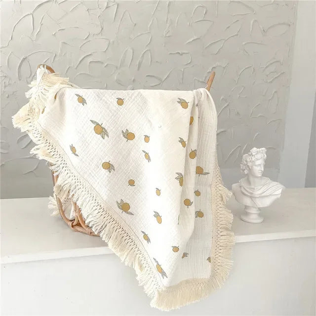 100% Muslin Cotton Tassel Receiving Blanket - Quilt - Baby Blanket