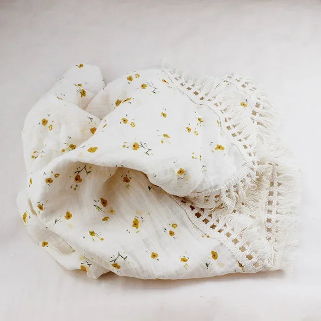 100% Muslin Cotton Tassel Receiving Blanket - Quilt - Baby Blanket