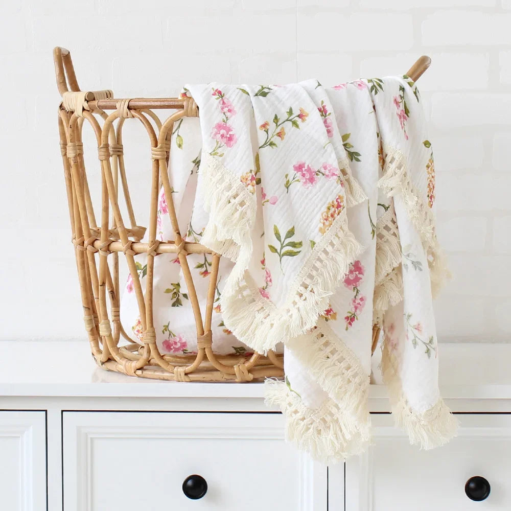 100% Muslin Cotton Tassel Receiving Blanket - Quilt - Baby Blanket