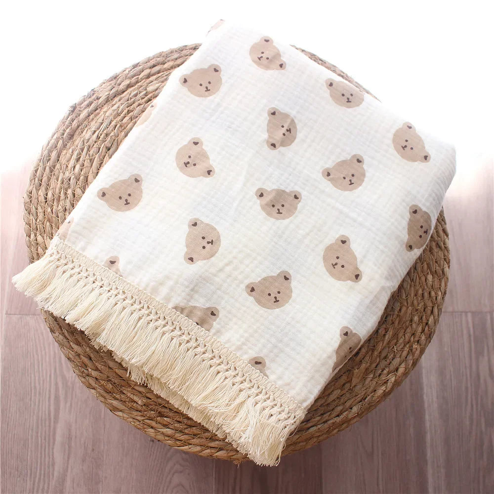 100% Muslin Cotton Tassel Receiving Blanket - Quilt - Baby Blanket