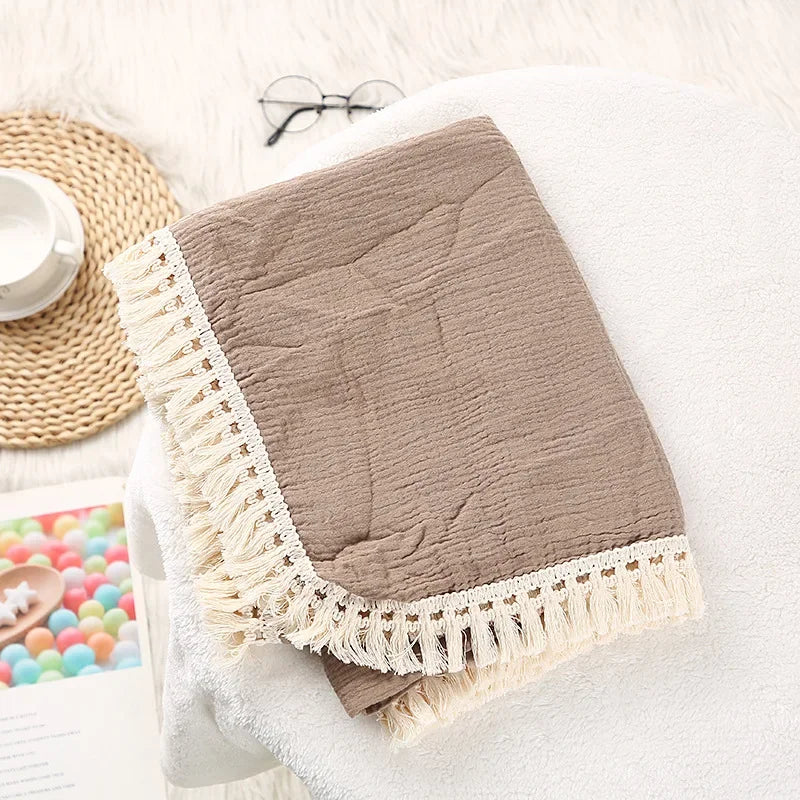 100% Muslin Cotton Tassel Receiving Blanket - Quilt - Baby Blanket