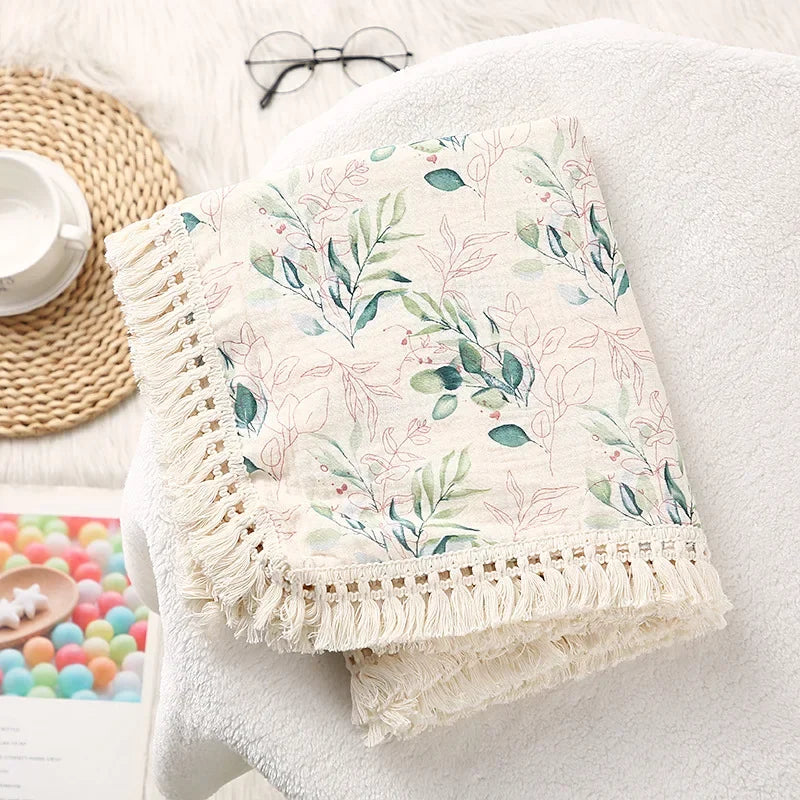 100% Muslin Cotton Tassel Receiving Blanket - Quilt - Baby Blanket