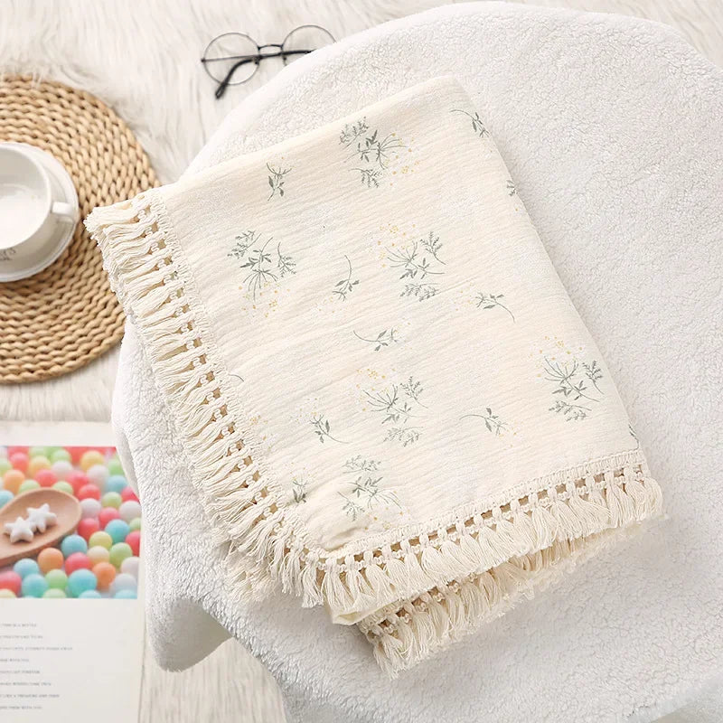 100% Muslin Cotton Tassel Receiving Blanket - Quilt - Baby Blanket
