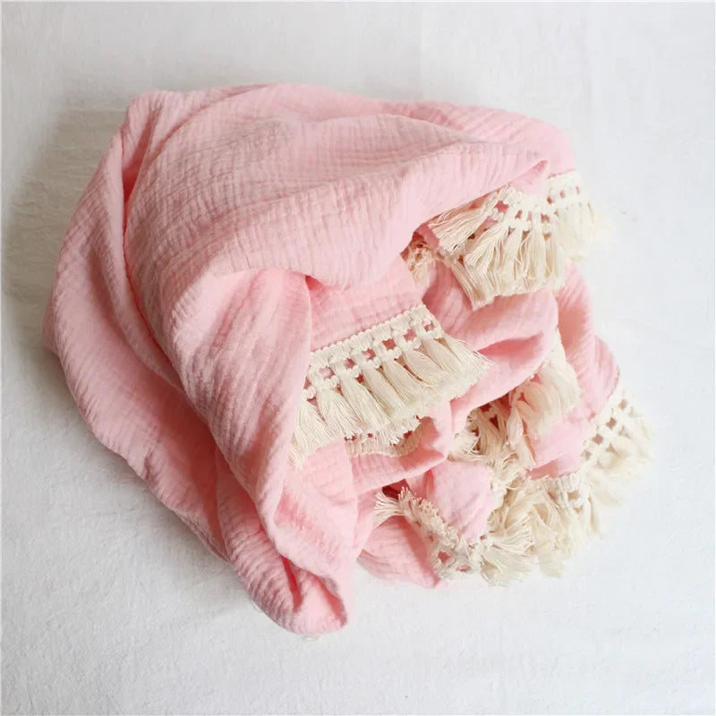 100% Muslin Cotton Tassel Receiving Blanket - Quilt - Baby Blanket