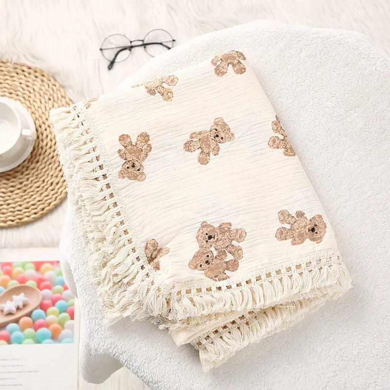 100% Muslin Cotton Tassel Receiving Blanket - Quilt - Baby Blanket