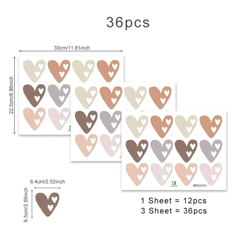 +More Colors - 36pcs Heart Shape Boho Style Wall Stickers – Kids Room & Nursery Decor