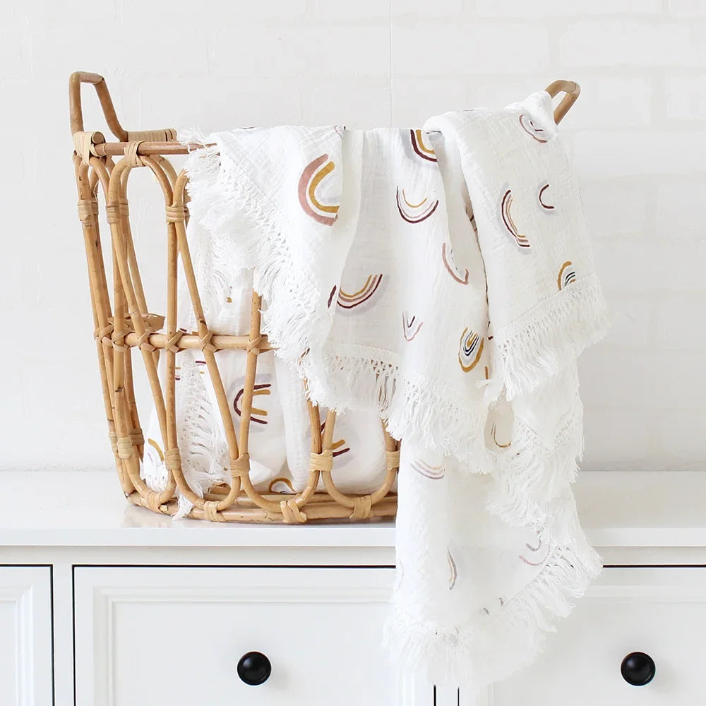 100% Muslin Cotton Tassel Receiving Blanket - Quilt - Baby Blanket