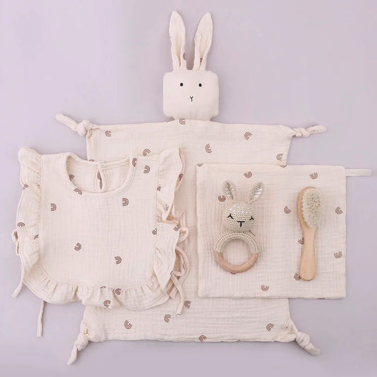 Newborn Teething Toy & Cotton Bib Wooden Set