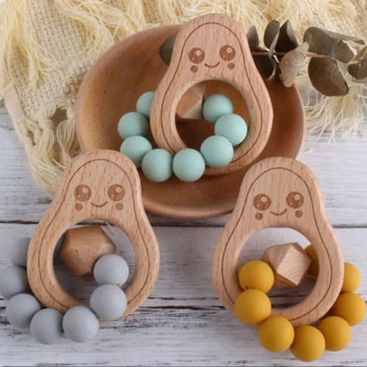 BPA Free Silicone Beads Baby Teether Baby Beech Wooden Avocado