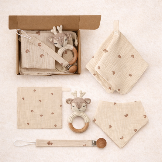 Newborn Teething Toy & Cotton Bib Wooden Set