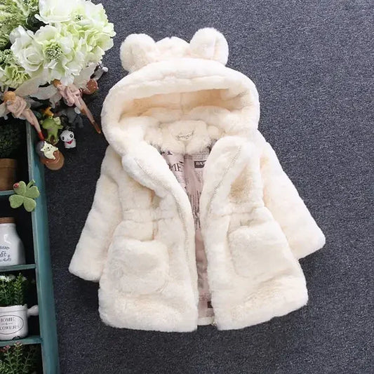 Infant toddler warm faux fur coat close-up detail