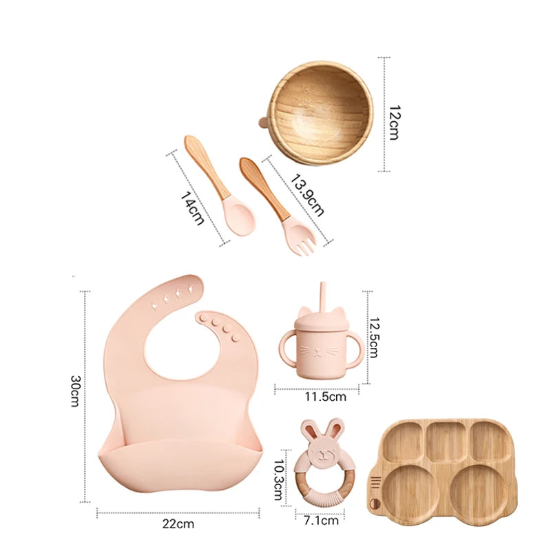 7pcs Silicone Baby Feeding Set Baby Feeding Supplies Kids Bamboo Dinnerware