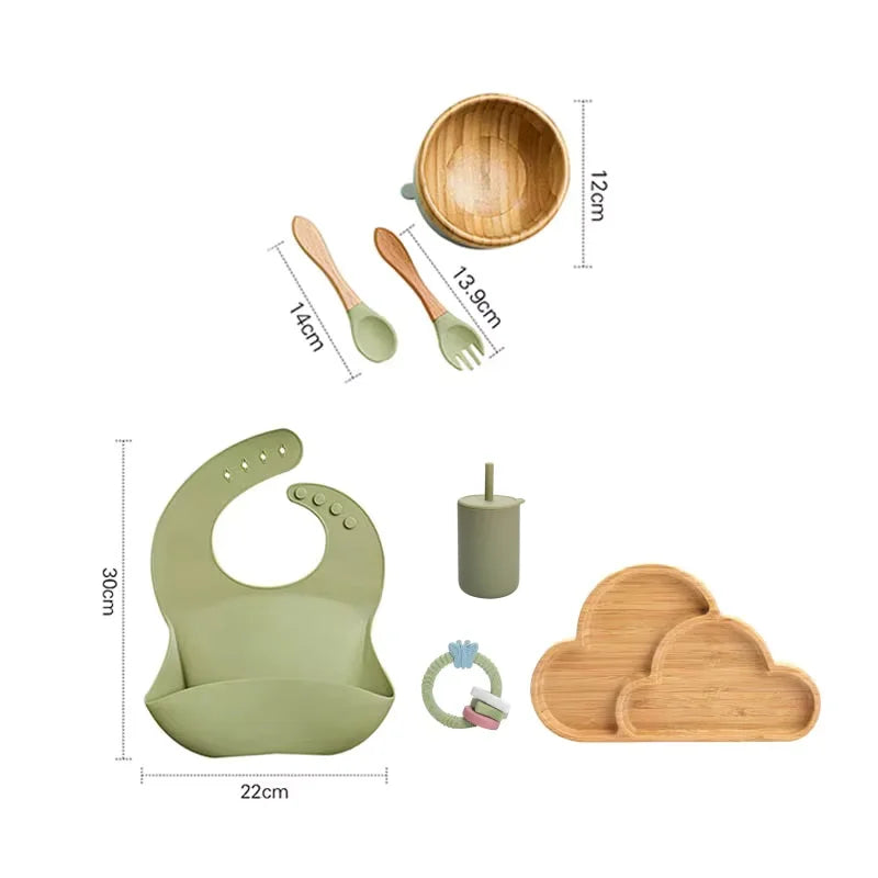 7pcs Silicone Baby Feeding Set Baby Feeding Supplies Kids Bamboo Dinnerware