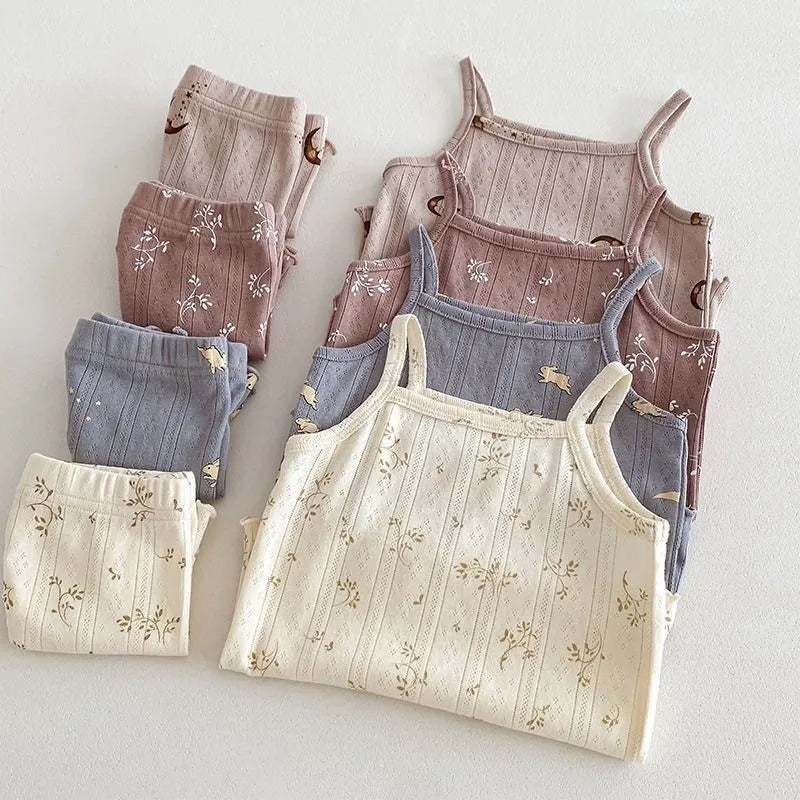 Fashion Baby Girl Cotton Floral Print Clothes Set Strap