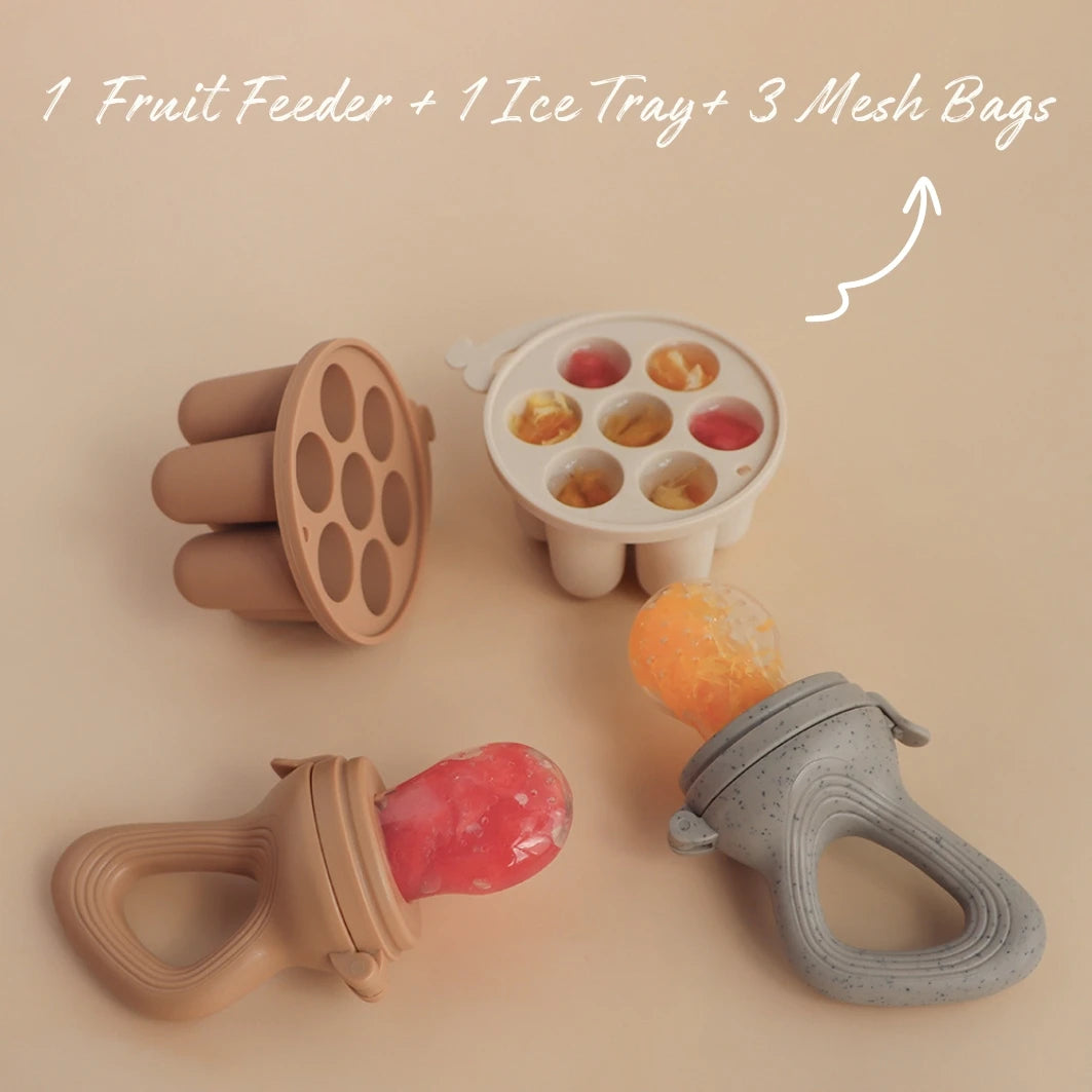 +More Colors - Baby Fruit Feeder Teether Pacifier Set with Freezer Tray – Safe Silicone Feeding & Teething Kit