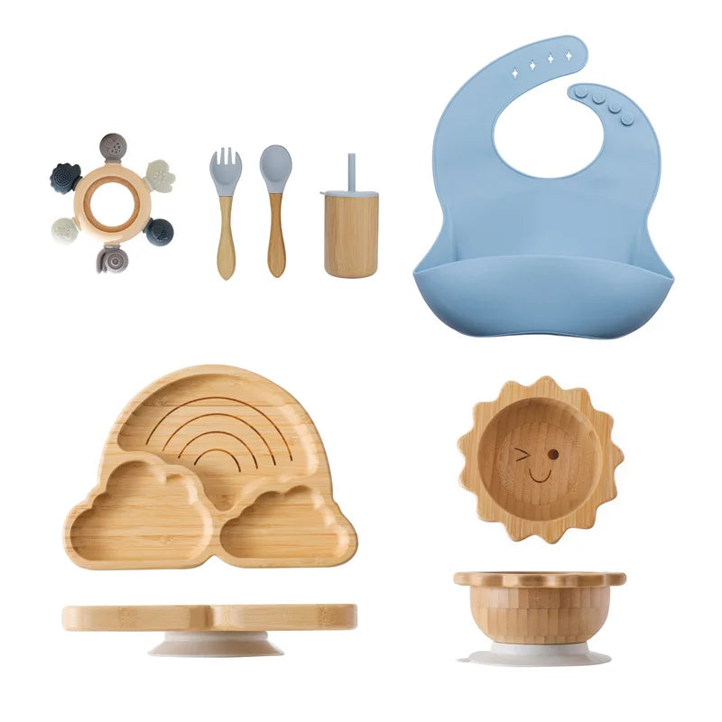 7pcs Silicone Baby Feeding Set Baby Feeding Supplies Kids Bamboo Dinnerware