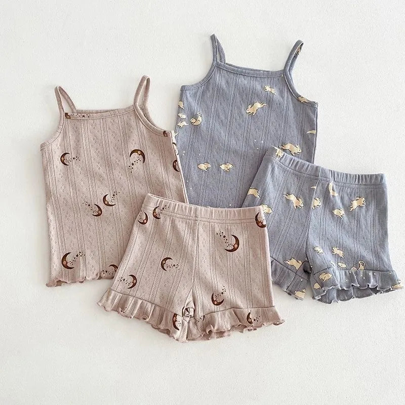 Fashion Baby Girl Cotton Floral Print Clothes Set Strap