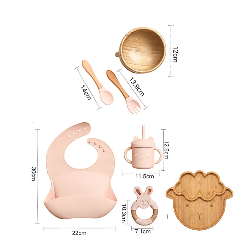 7pcs Silicone Baby Feeding Set Baby Feeding Supplies Kids Bamboo Dinnerware