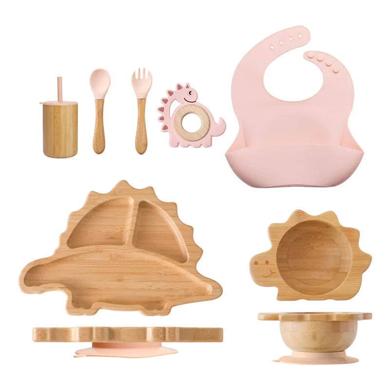 7pcs Silicone Baby Feeding Set Baby Feeding Supplies Kids Bamboo Dinnerware