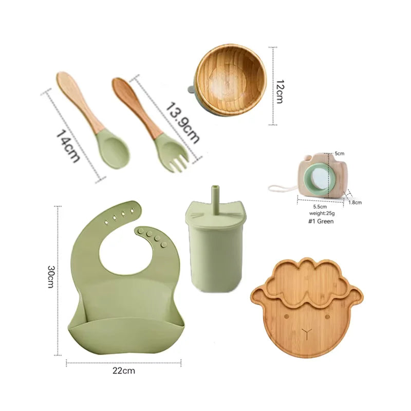 7pcs Silicone Baby Feeding Set Baby Feeding Supplies Kids Bamboo Dinnerware