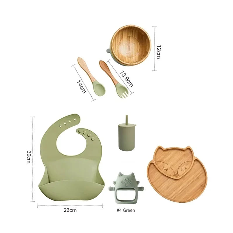 7pcs Silicone Baby Feeding Set Baby Feeding Supplies Kids Bamboo Dinnerware
