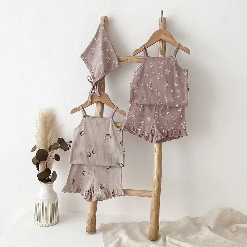 Fashion Baby Girl Cotton Floral Print Clothes Set Strap