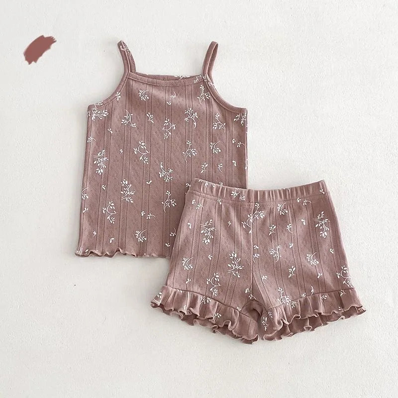 Fashion Baby Girl Cotton Floral Print Clothes Set Strap