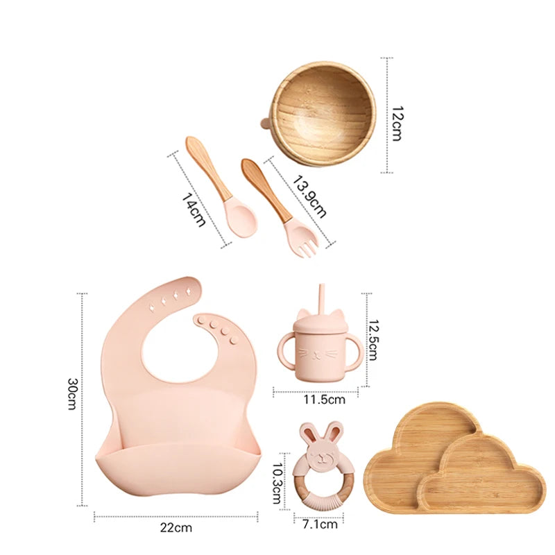 7pcs Silicone Baby Feeding Set Baby Feeding Supplies Kids Bamboo Dinnerware