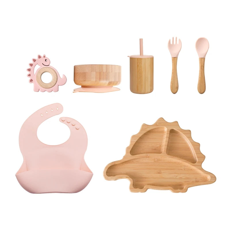7pcs Silicone Baby Feeding Set Baby Feeding Supplies Kids Bamboo Dinnerware